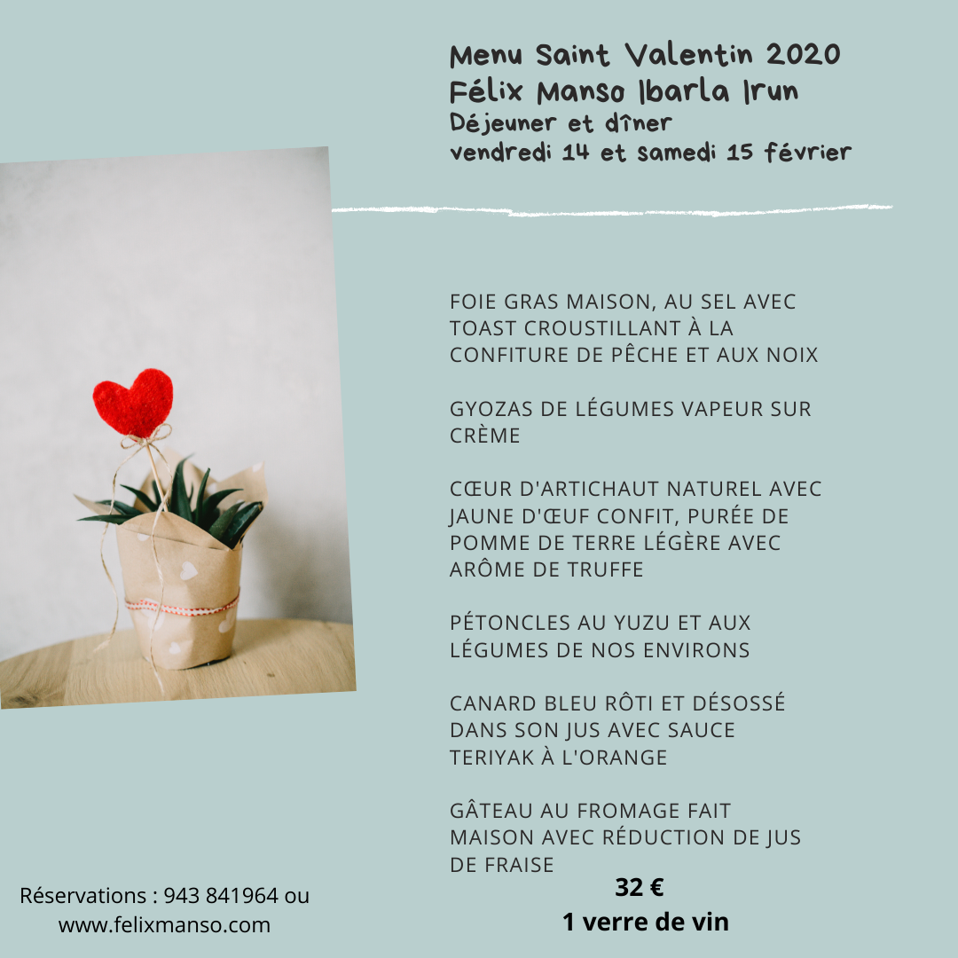 texte du menu de la fête des amoureux st valentin avec une photo d'un coeur chez felix manso ibarla à irun